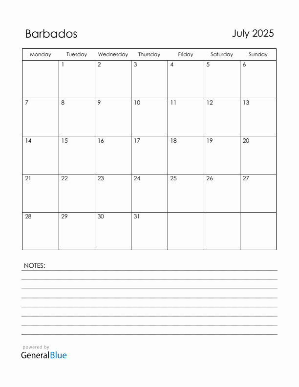 July 2025 Barbados Calendar with Holidays (Monday Start)