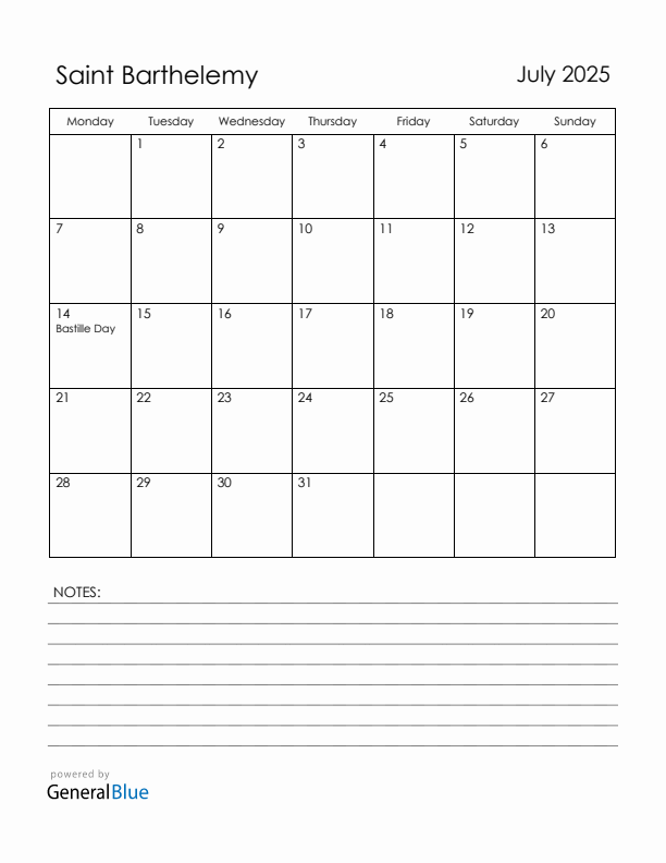 July 2025 Saint Barthelemy Calendar with Holidays (Monday Start)