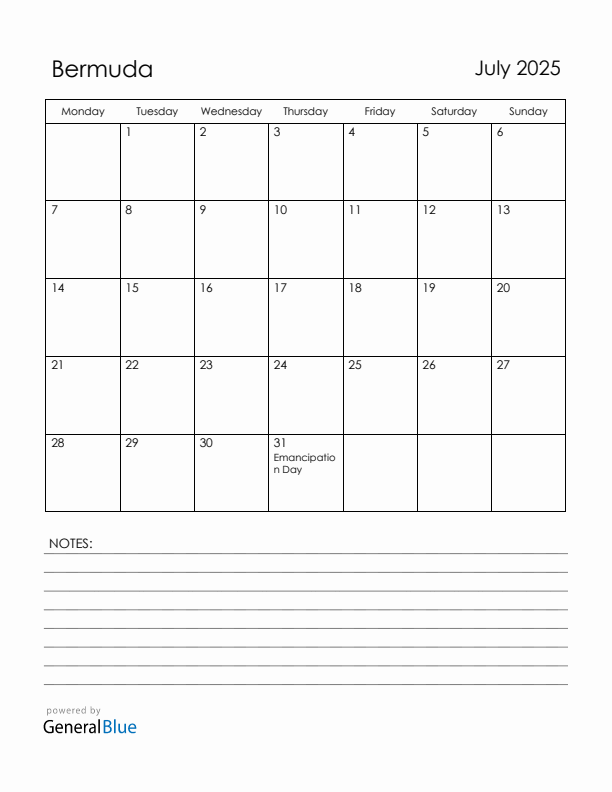 July 2025 Bermuda Calendar with Holidays (Monday Start)