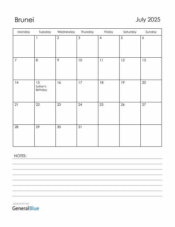 July 2025 Brunei Calendar with Holidays (Monday Start)