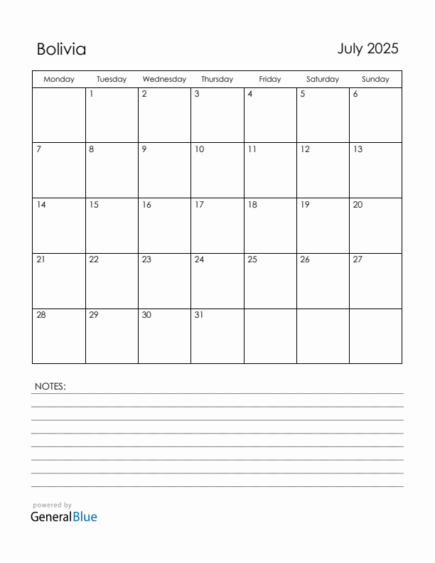 July 2025 Bolivia Calendar with Holidays (Monday Start)