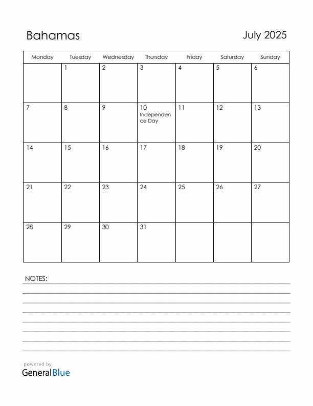 July 2025 Bahamas Calendar with Holidays (Monday Start)