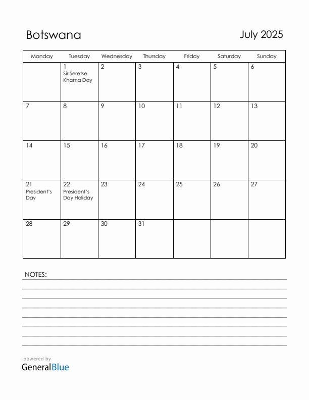 July 2025 Botswana Calendar with Holidays (Monday Start)
