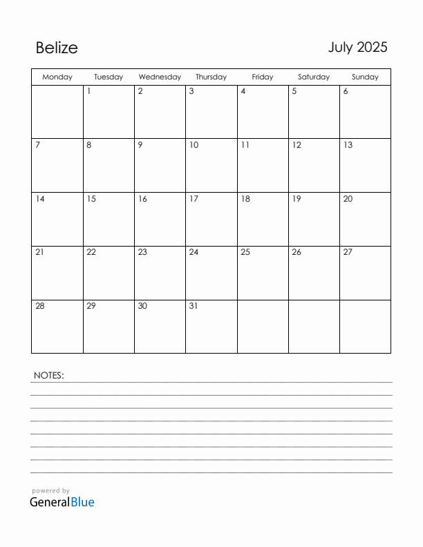 July 2025 Belize Calendar with Holidays (Monday Start)