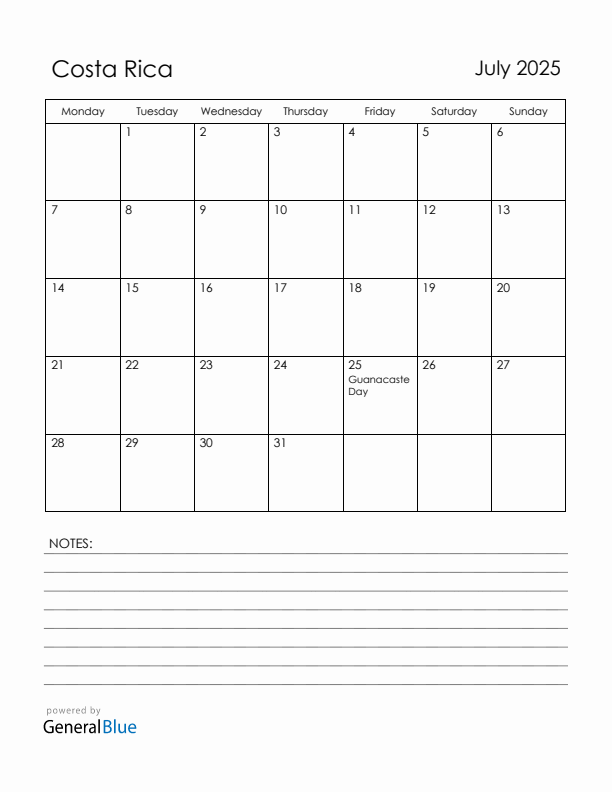 July 2025 Costa Rica Calendar with Holidays (Monday Start)