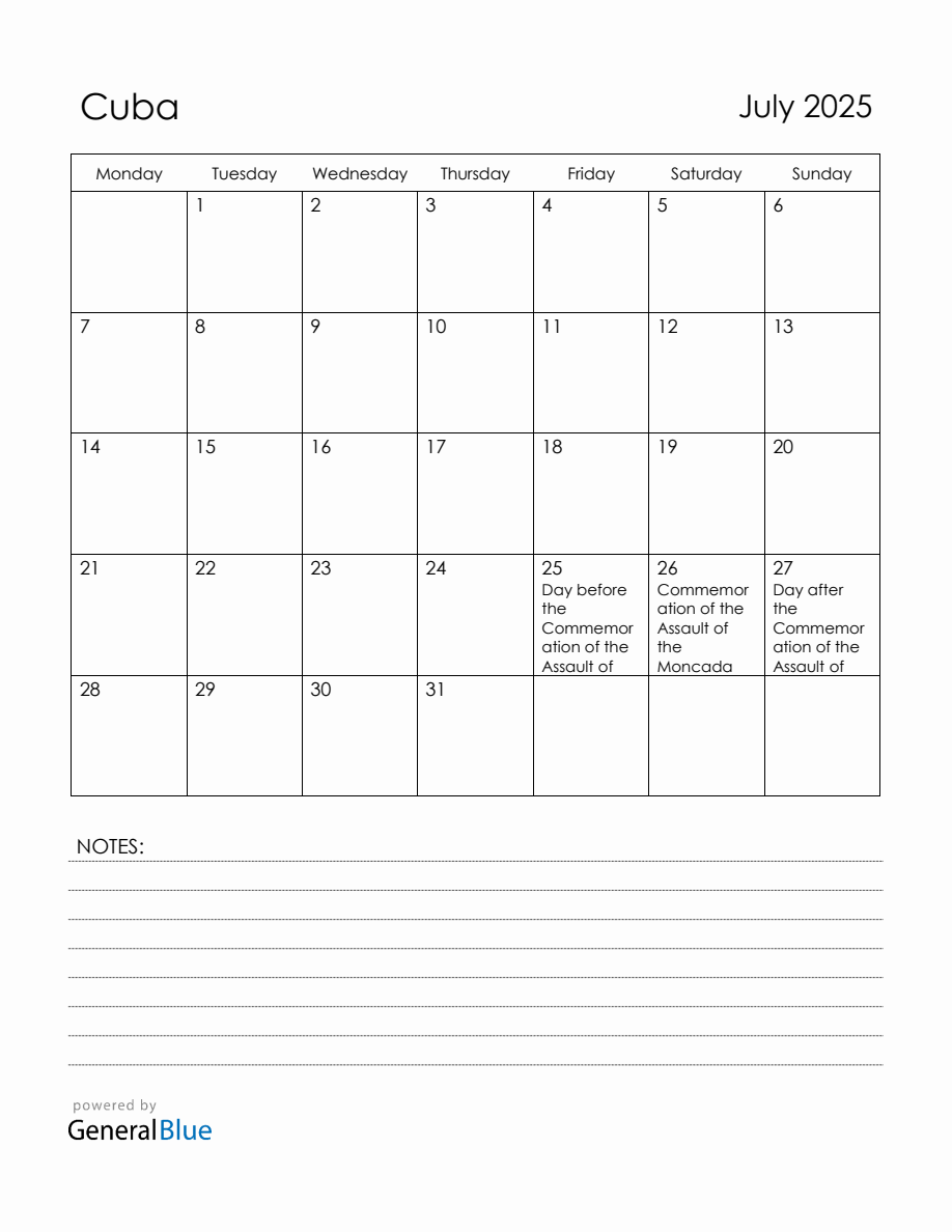 July 2025 Cuba Calendar with Holidays