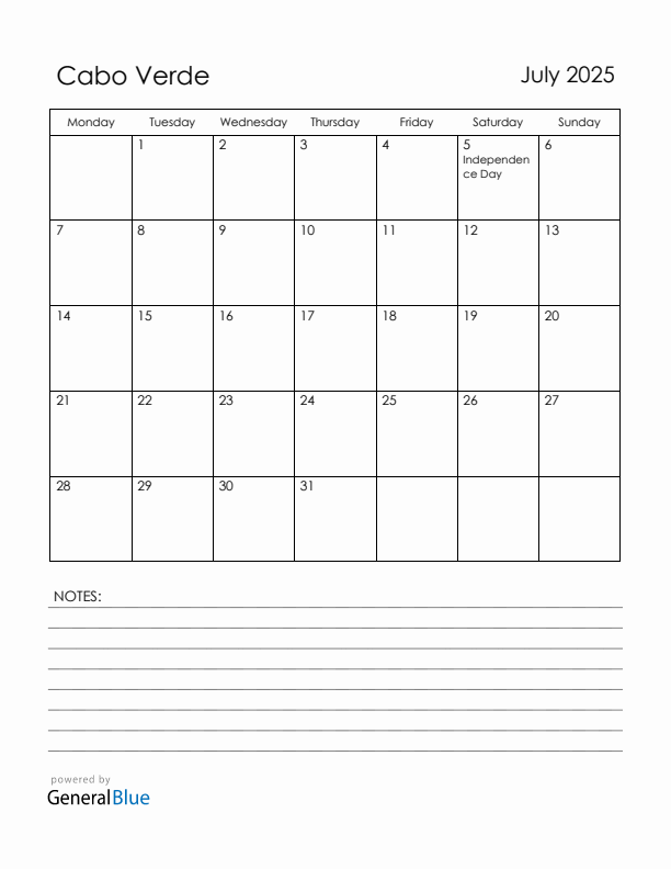 July 2025 Cabo Verde Calendar with Holidays (Monday Start)