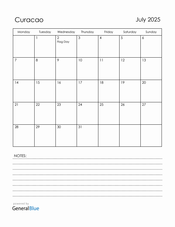 July 2025 Curacao Calendar with Holidays (Monday Start)