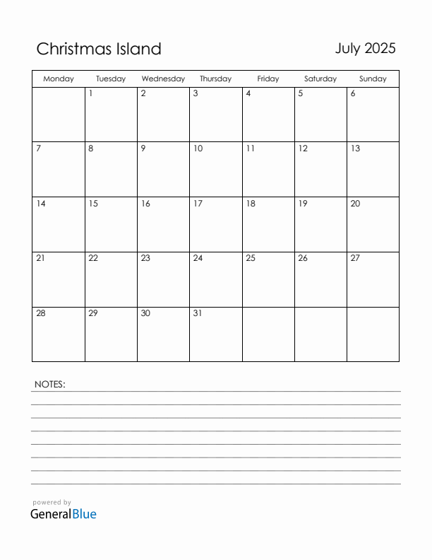 July 2025 Christmas Island Calendar with Holidays (Monday Start)