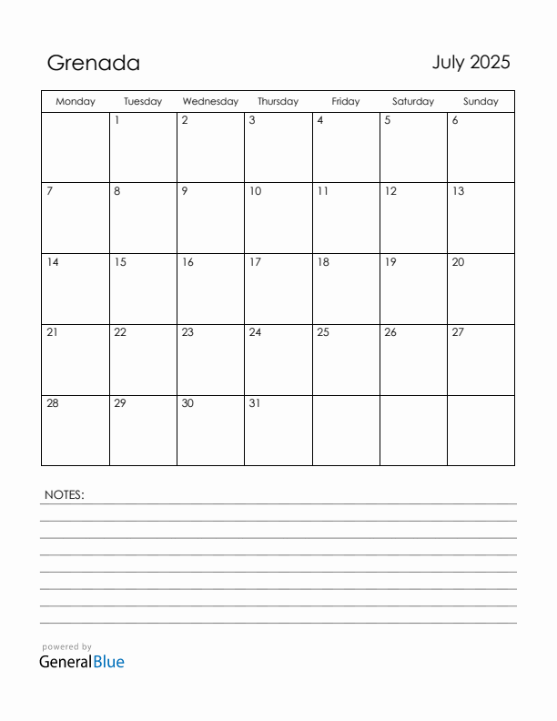 July 2025 Grenada Calendar with Holidays (Monday Start)