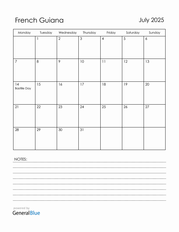 July 2025 French Guiana Calendar with Holidays (Monday Start)