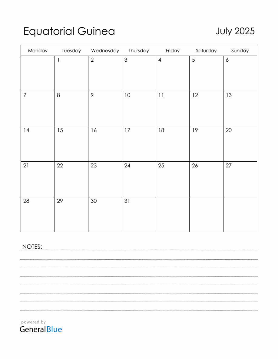 July 2025 Equatorial Guinea Calendar with Holidays