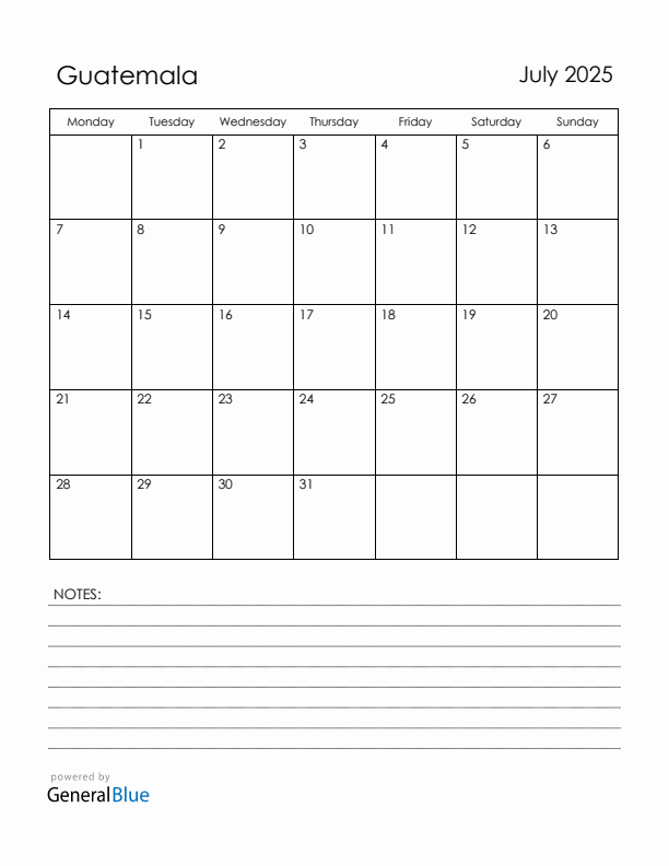 July 2025 Guatemala Calendar with Holidays (Monday Start)