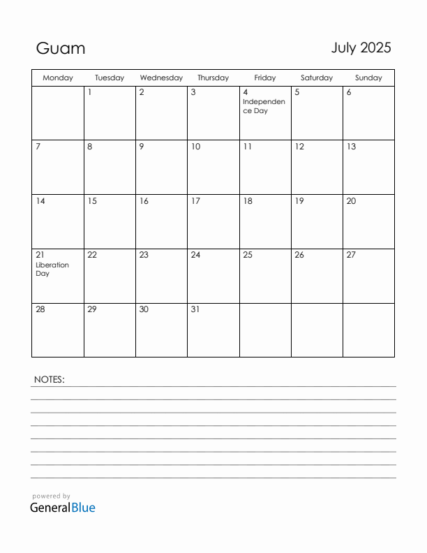 July 2025 Guam Calendar with Holidays (Monday Start)