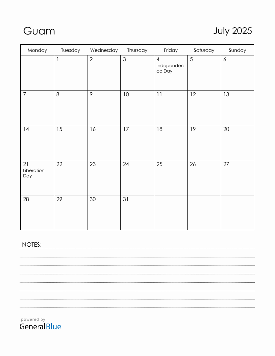 July 2025 Guam Calendar with Holidays