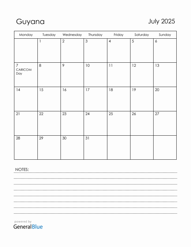 July 2025 Guyana Calendar with Holidays (Monday Start)