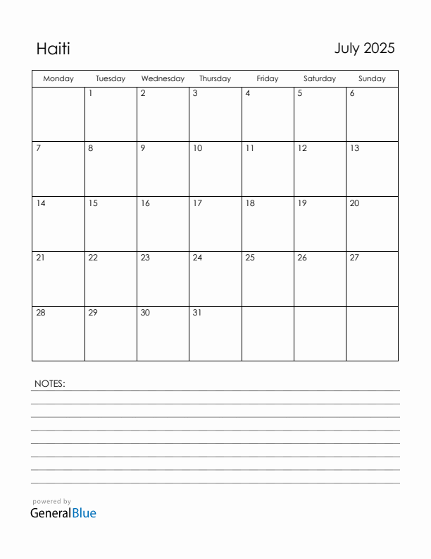 July 2025 Haiti Calendar with Holidays (Monday Start)