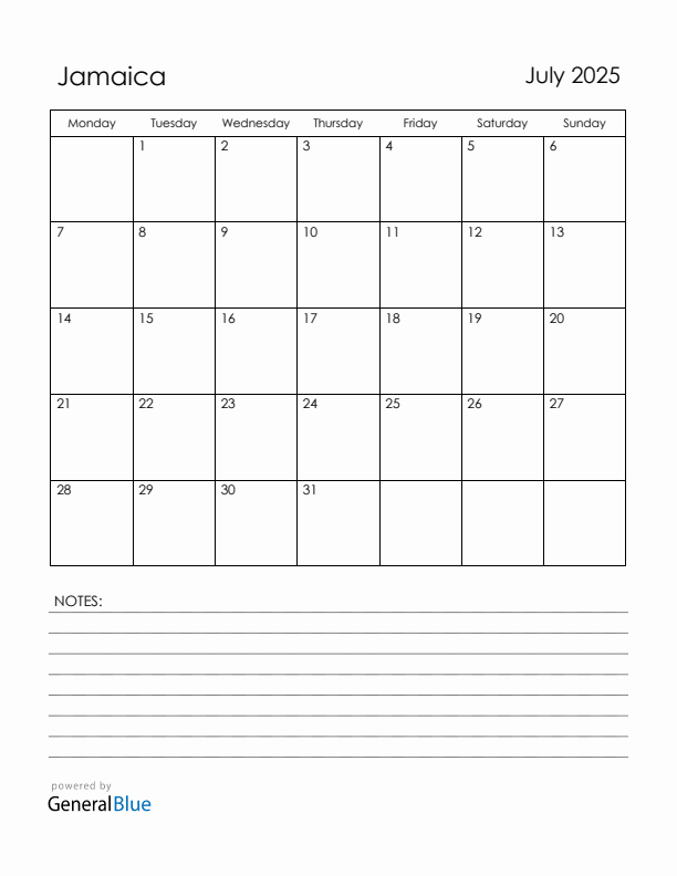 July 2025 Jamaica Calendar with Holidays (Monday Start)