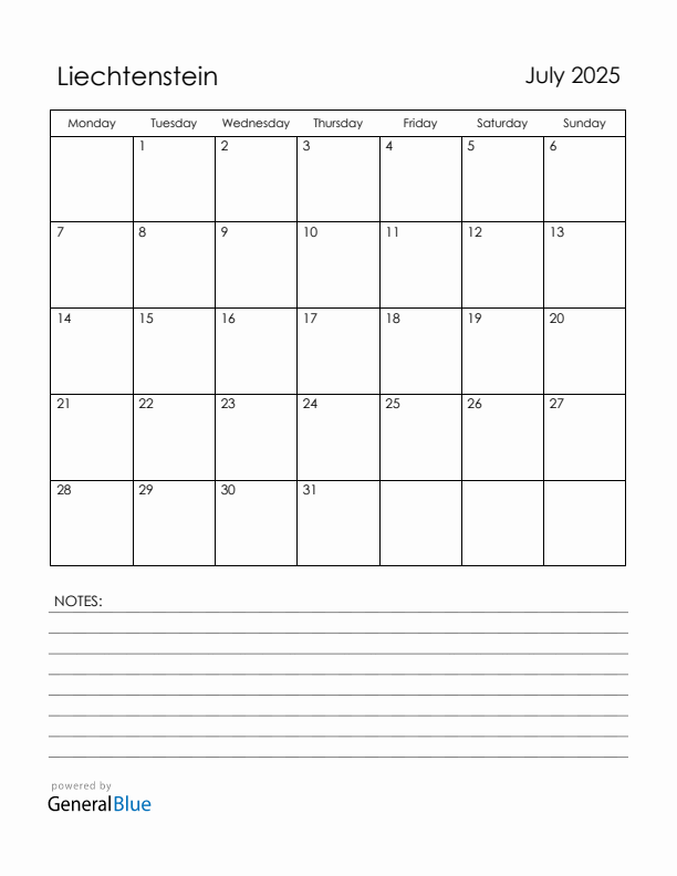 July 2025 Liechtenstein Calendar with Holidays (Monday Start)