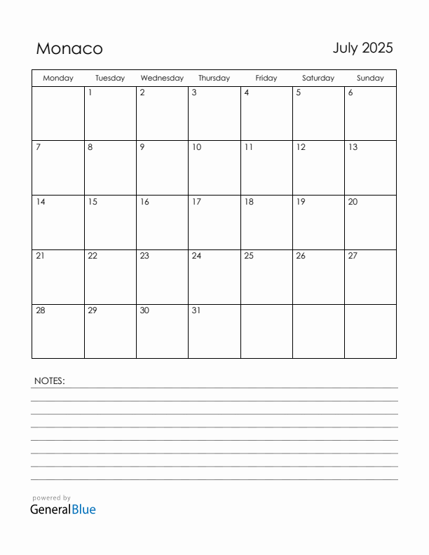 July 2025 Monaco Calendar with Holidays (Monday Start)