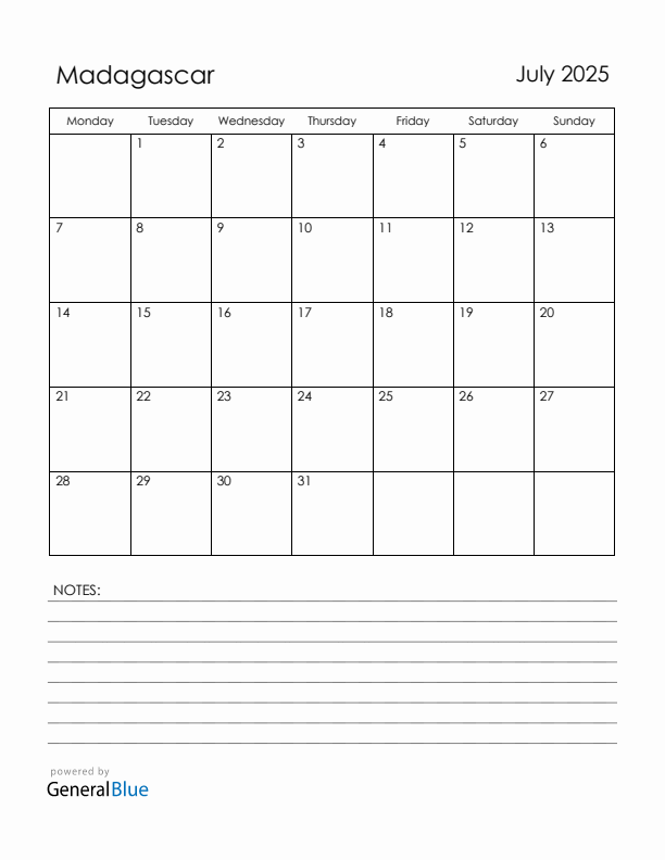 July 2025 Madagascar Calendar with Holidays (Monday Start)