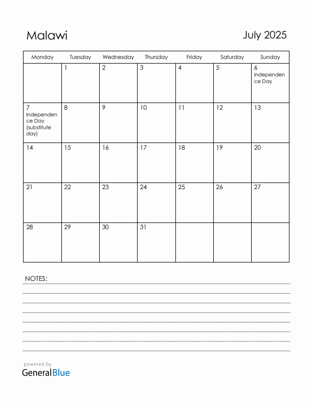 July 2025 Malawi Calendar with Holidays (Monday Start)