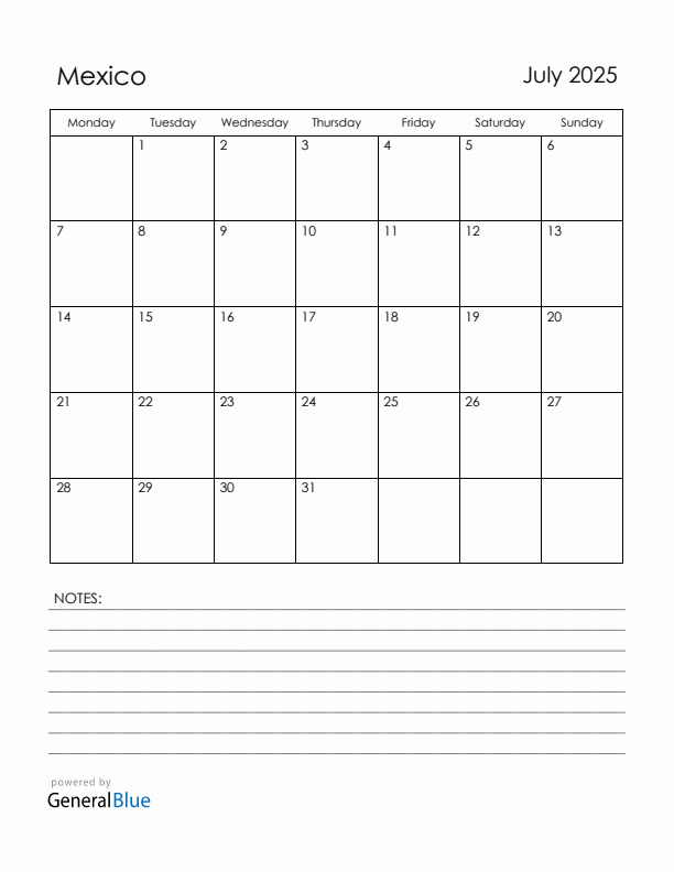 July 2025 Mexico Calendar with Holidays (Monday Start)