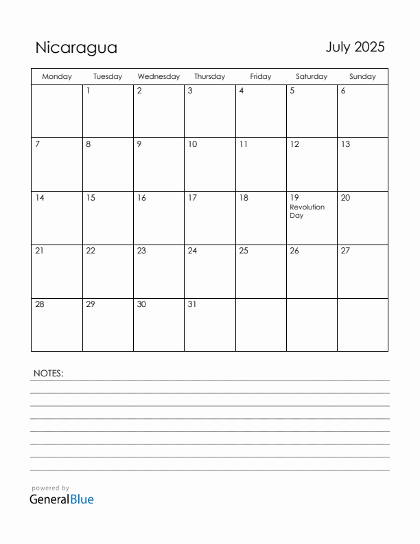 July 2025 Nicaragua Calendar with Holidays (Monday Start)
