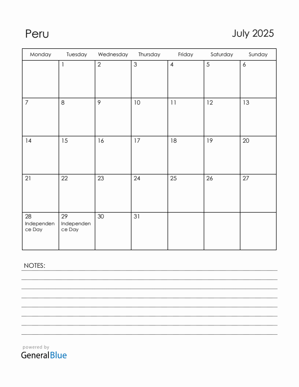 July 2025 Peru Calendar with Holidays (Monday Start)