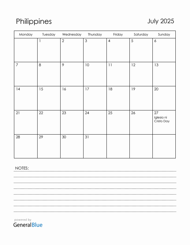 July 2025 Philippines Calendar with Holidays (Monday Start)