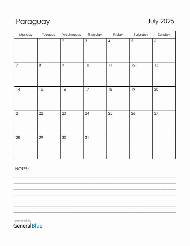 July 2025 Paraguay Calendar with Holidays (Monday Start)