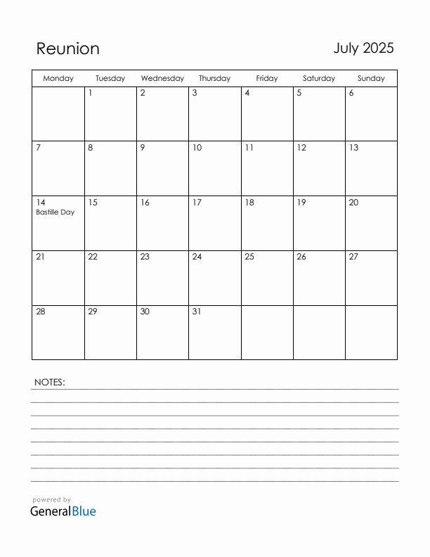 July 2025 Reunion Calendar with Holidays (Monday Start)