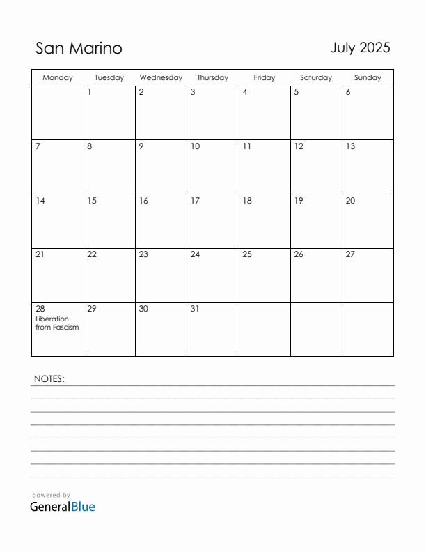 July 2025 San Marino Calendar with Holidays (Monday Start)
