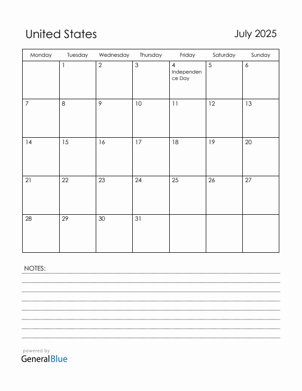 July 2025 United States Calendar with Holidays (Monday Start)