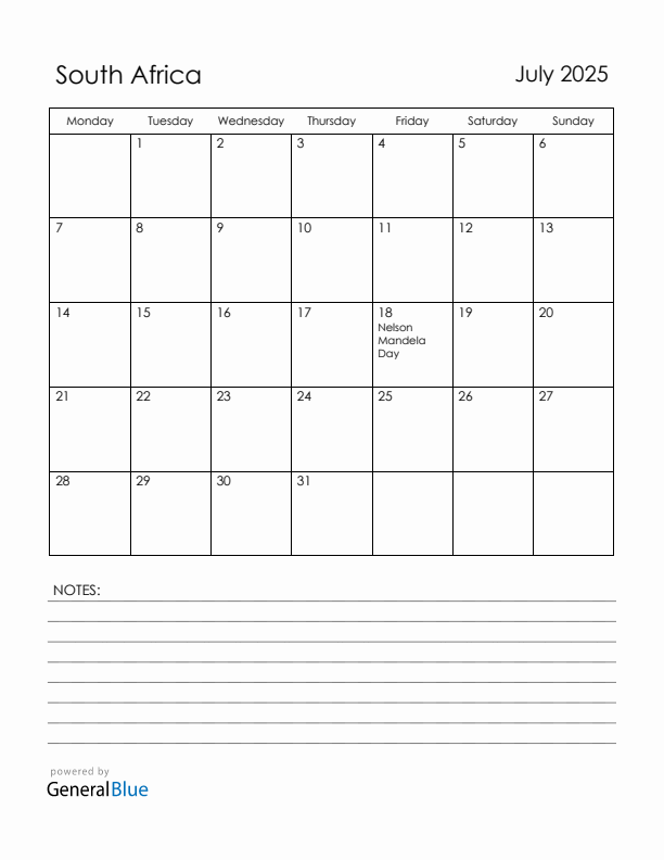 July 2025 South Africa Calendar with Holidays (Monday Start)