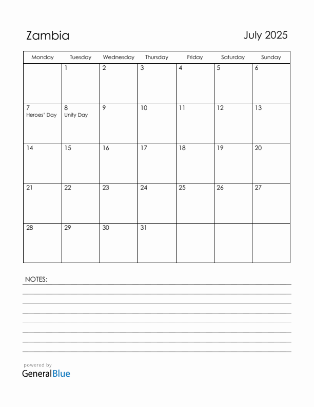 July 2025 Zambia Calendar with Holidays (Monday Start)