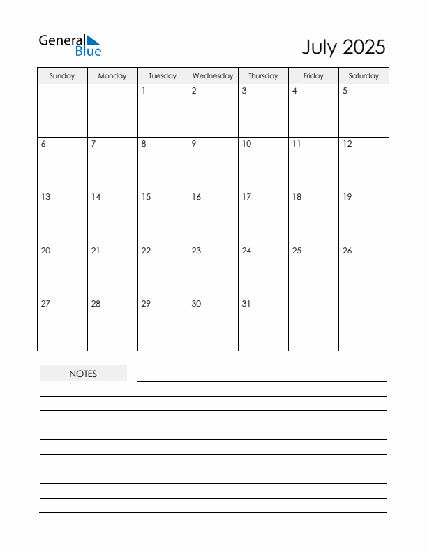 Printable Calendar with Notes - July 2025 