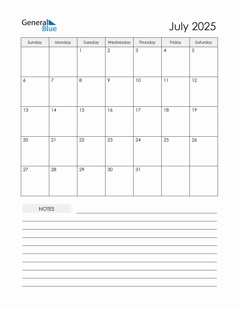 July 2025 Monthly Planner Calendar