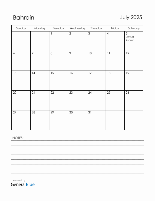 July 2025 Bahrain Calendar with Holidays (Sunday Start)