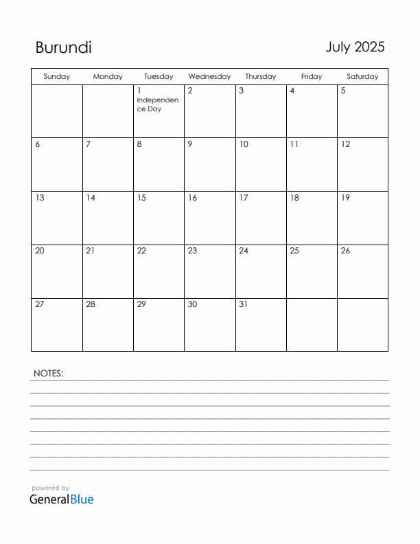 July 2025 Burundi Calendar with Holidays (Sunday Start)