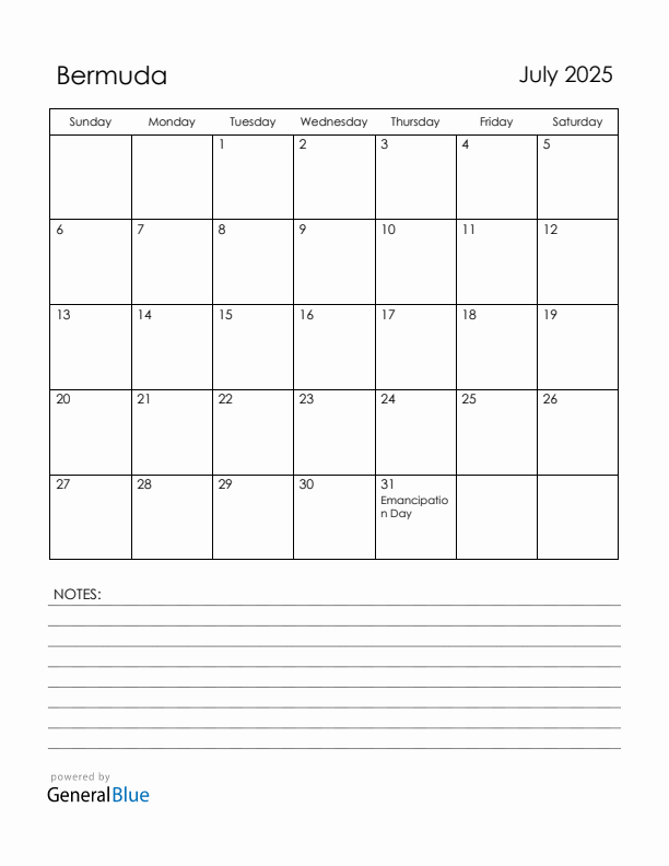 July 2025 Bermuda Calendar with Holidays (Sunday Start)