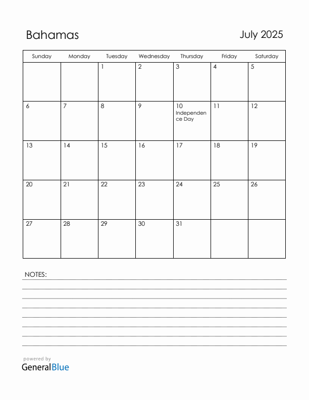 July 2025 Bahamas Calendar with Holidays (Sunday Start)