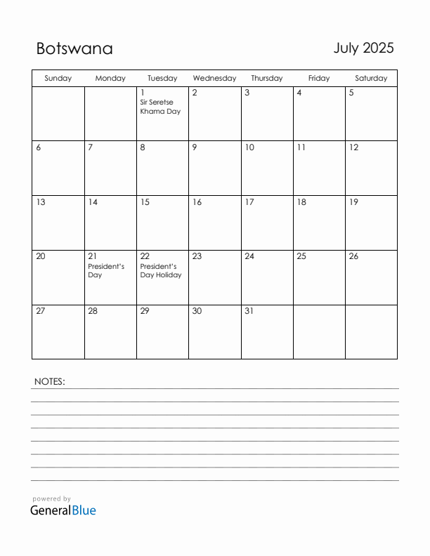 July 2025 Botswana Calendar with Holidays (Sunday Start)