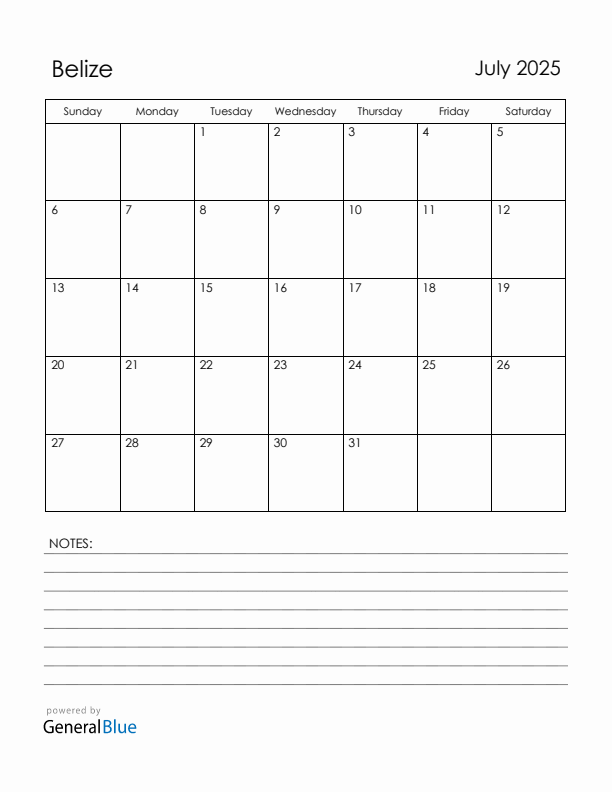 July 2025 Belize Calendar with Holidays (Sunday Start)