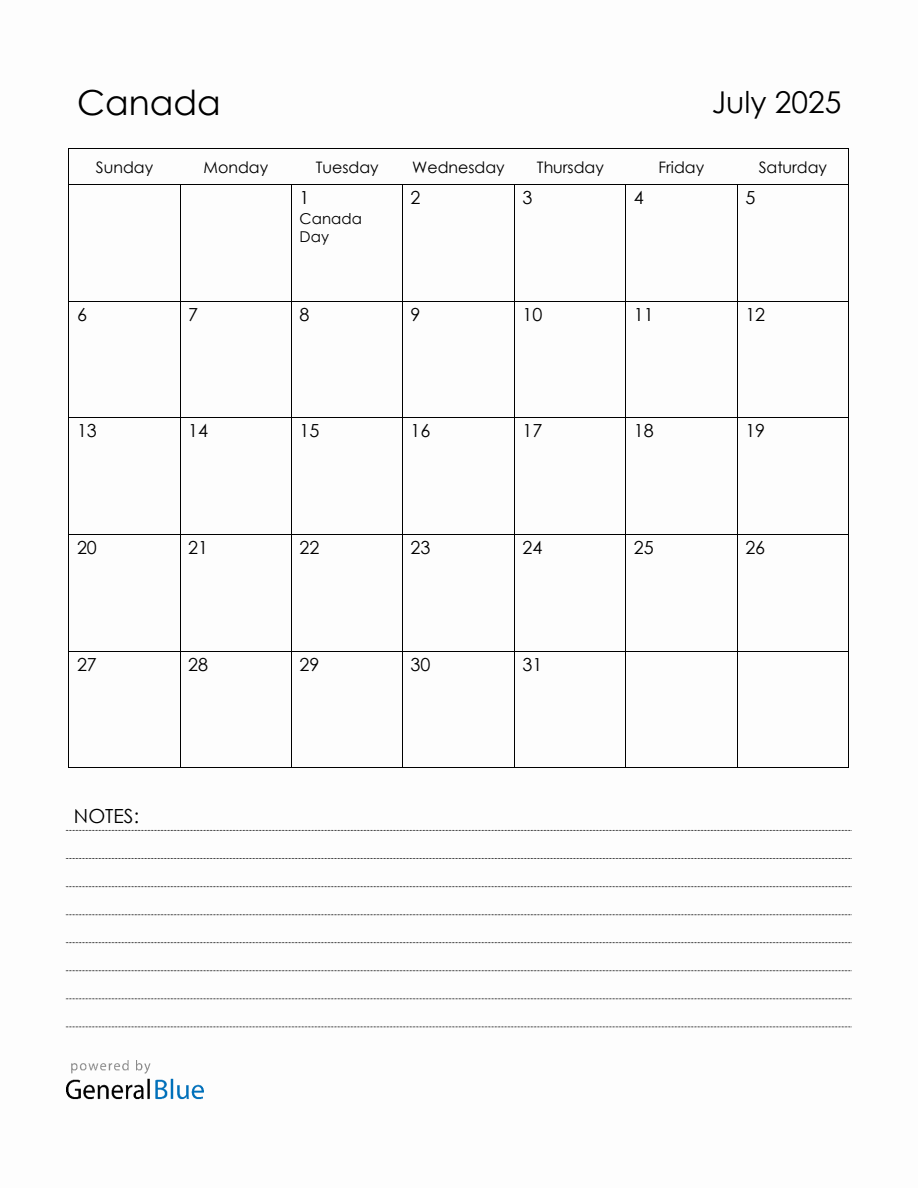 July 2025 Canada Calendar with Holidays