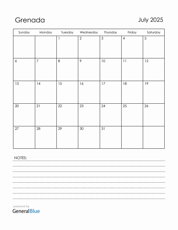 July 2025 Grenada Calendar with Holidays (Sunday Start)