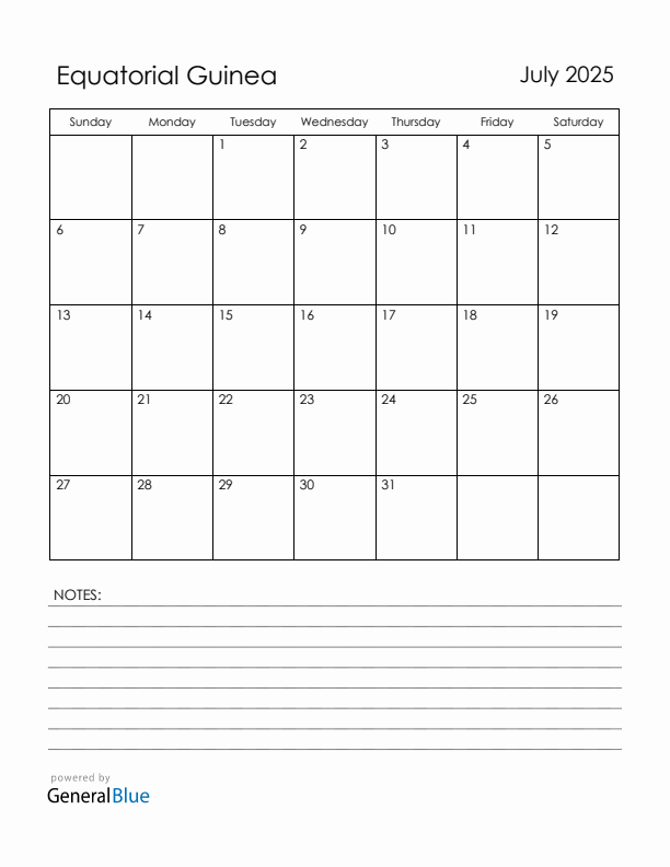July 2025 Equatorial Guinea Calendar with Holidays (Sunday Start)