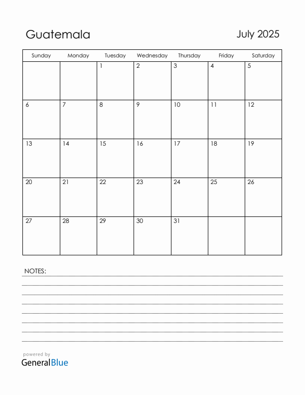 July 2025 Guatemala Calendar with Holidays (Sunday Start)