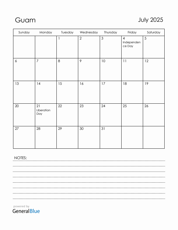 July 2025 Guam Calendar with Holidays (Sunday Start)