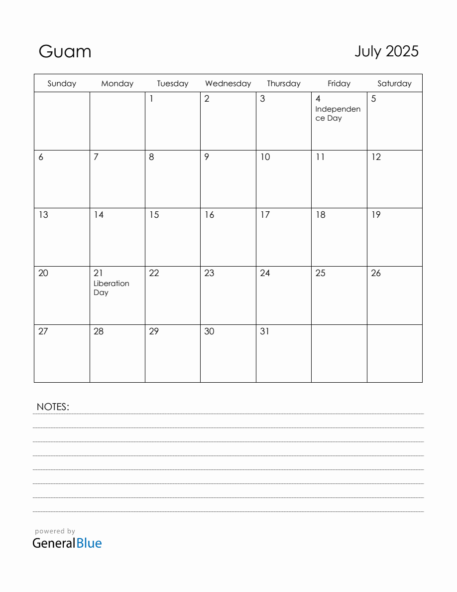 July 2025 Guam Calendar with Holidays